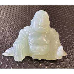 Green Resin Laughing Buddha Figurine Jade Style Statue 5in Feng Shui Decor